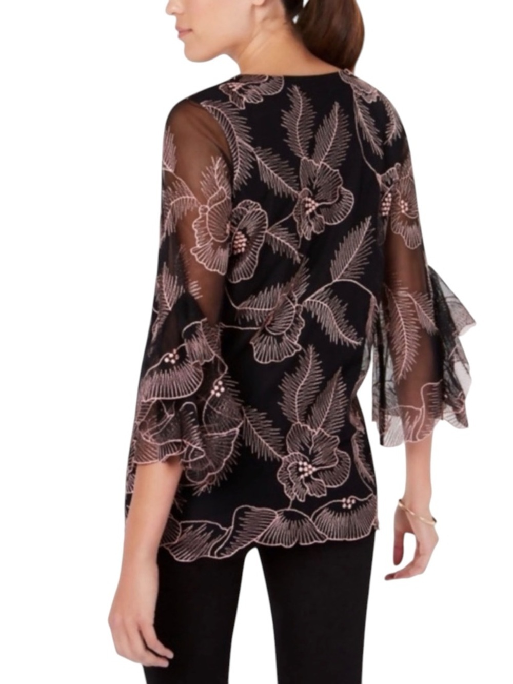 Alfani Black Sheer Floral Embroidered Blouse Bell Sleeve Top Size M - Picture 3 of 11